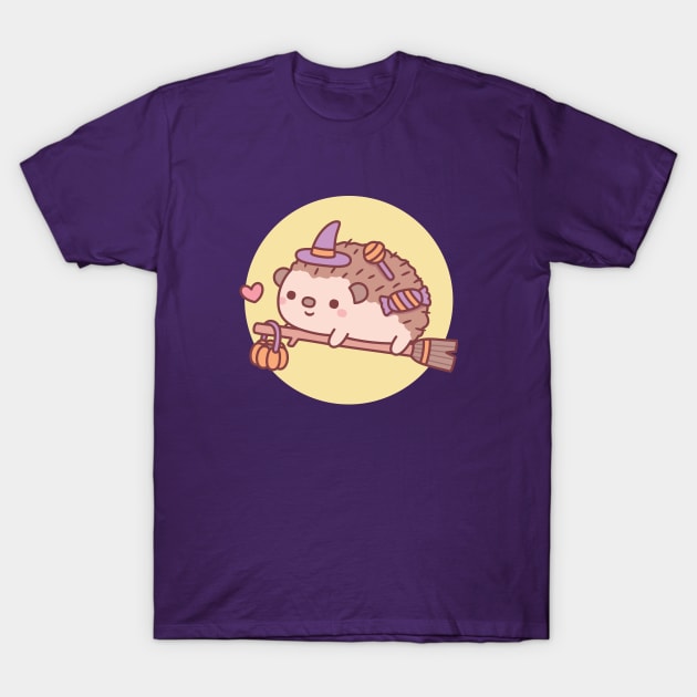 Cute Little Hedgehog Witch Flying On A Broom Halloween T-Shirt by rustydoodle